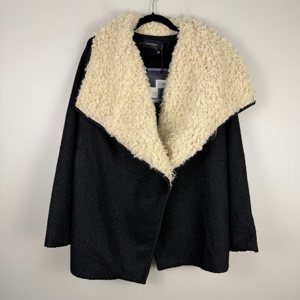 Minkpink Jacket Women's S Black Cream Faux Shearling Collar Oversized Open Front